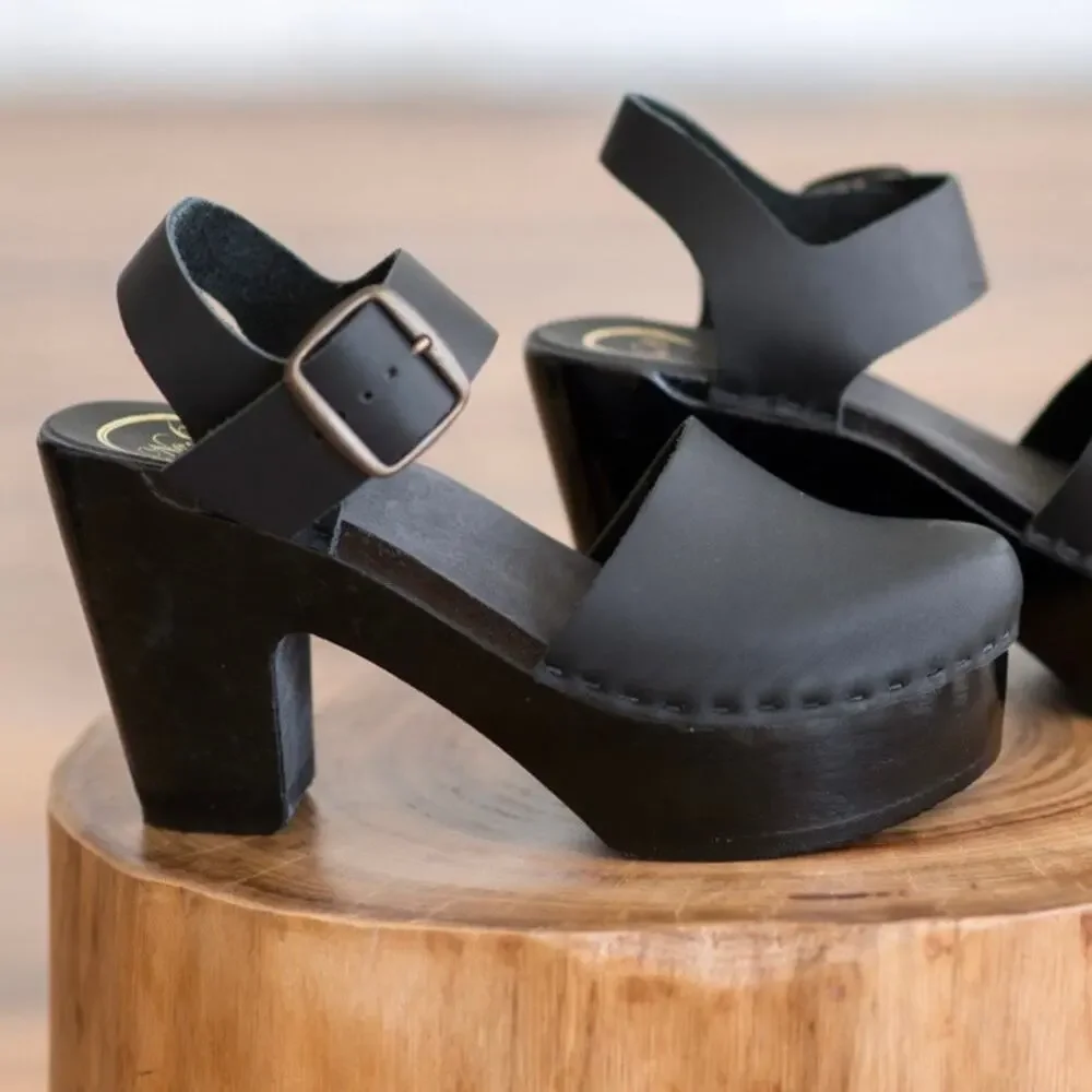 NO. 6 | Solid Black Platform Jane Clog Mary Jane Clogs Heels |‎ Size 39